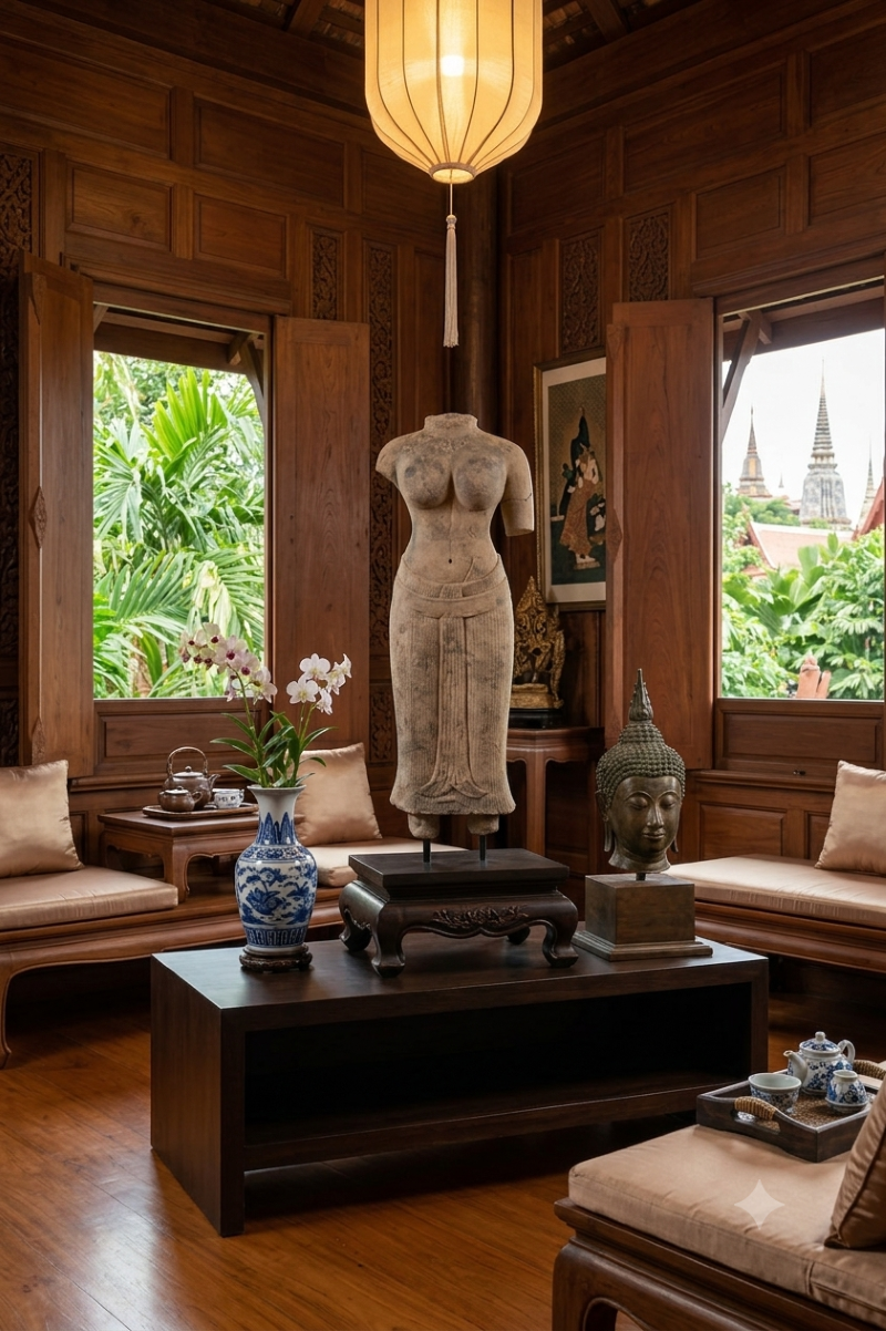 A traditional Thai-style wooden interior featuring a central headless stone female torso sculpture on a dark wooden coffee table, flanked by a blue-and-white porcelain vase with flowers and a bronze Buddha head.