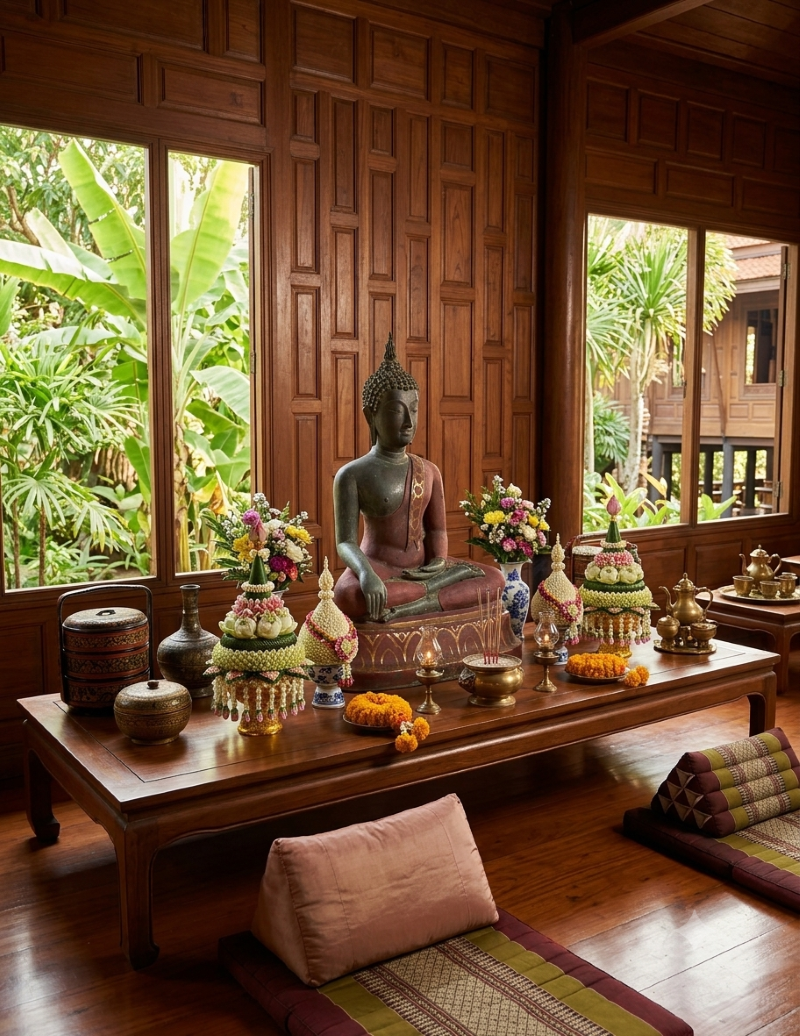 A traditional Thai wooden shrine room featuring a large seated Buddha statue surrounded by floral offerings, incense, and brass ritual items on a low table, with triangular cushions on the floor and lush tropical greenery visible through large windows.
