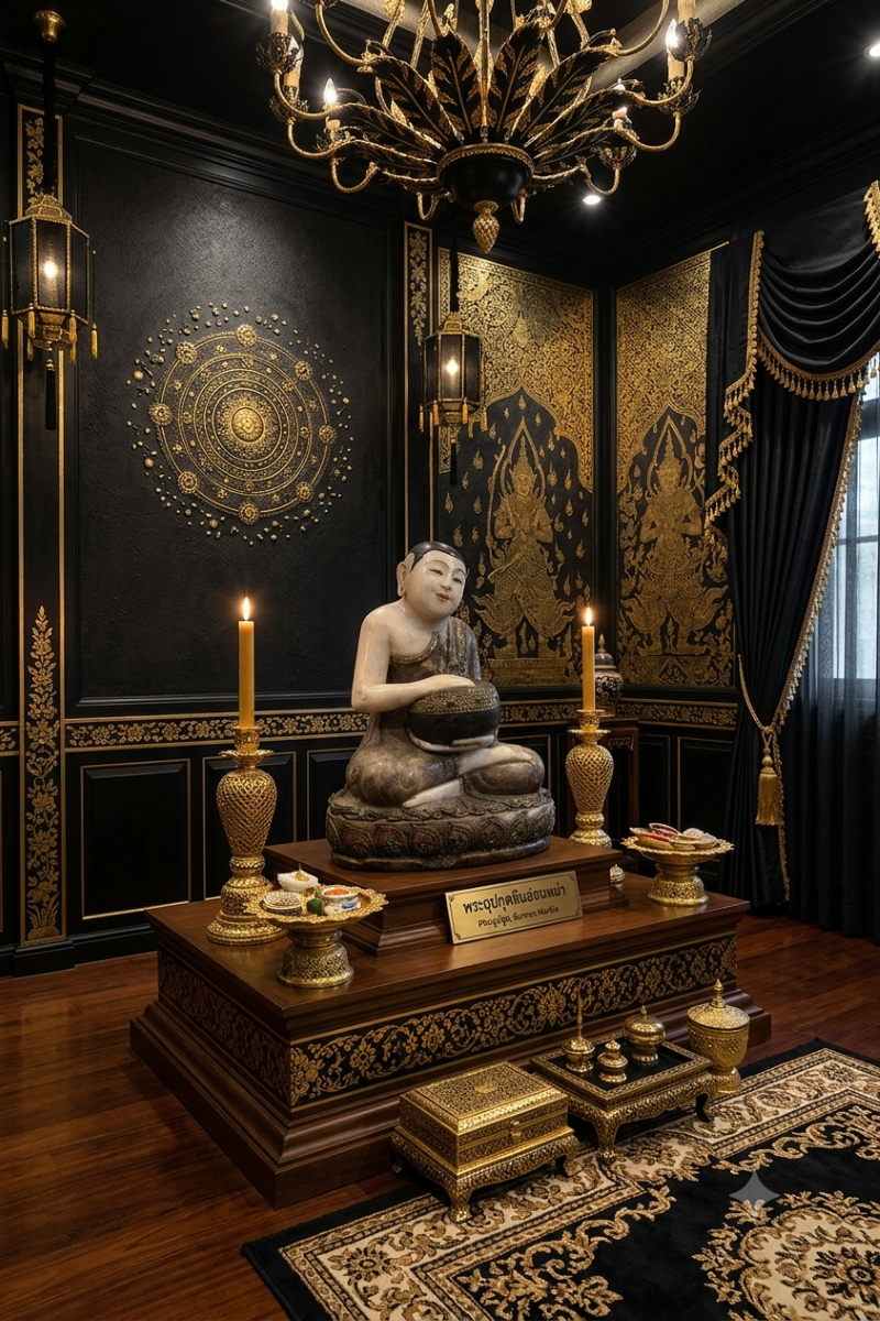 Seated Phra Upagupta Buddha statue holding an alms bowl in a black and gold Thai altar room Burmese Buddh