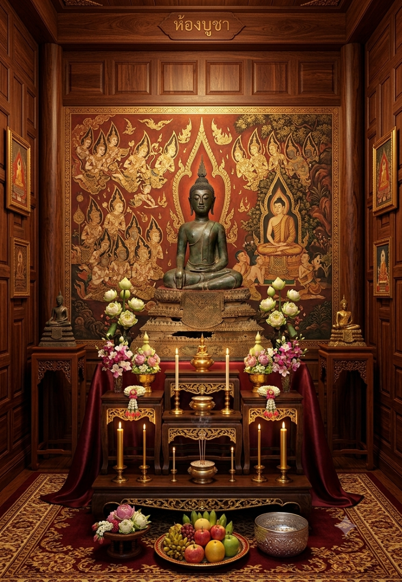 Large Thai bronze Buddha statue on a multi tiered shrine altar surrounded by lotus flowers, candles, and offerings in a traditional wood-paneled prayer room