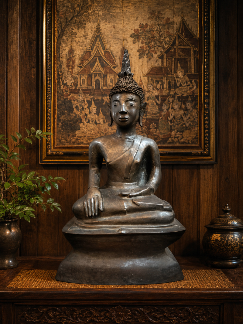 A dark bronze Lao Buddha statue seated in a Calling the Earth to Witness pose on a multi-tiered pedestal, set on a woven mat upon a dark wooden table. Behind it sits a framed traditional Southeast Asian temple painting, flanked by a potted plant on the left and a lacquered container on the right against a wood-paneled wall