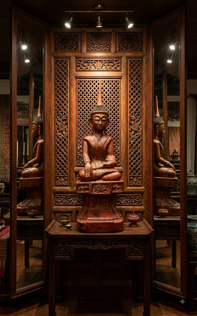 Carved wooden Buddha statue seated in a traditional wooden alcove flanked by side mirrors