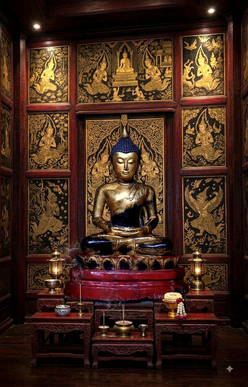 A gold and black Buddha statue seated on a red lotus pedestal within an ornate, gold-paneled shrine with burning incense