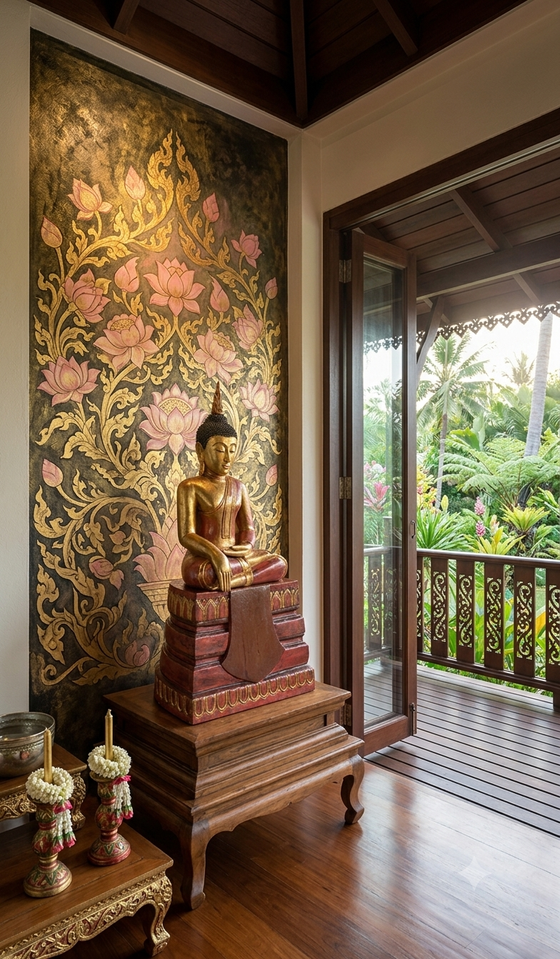Golden seated Buddha statue on a tiered wooden pedestal against a dark backdrop painted with pink lotus flowers and ornate gold motifs, in a room opening to a lush tropical balcony.