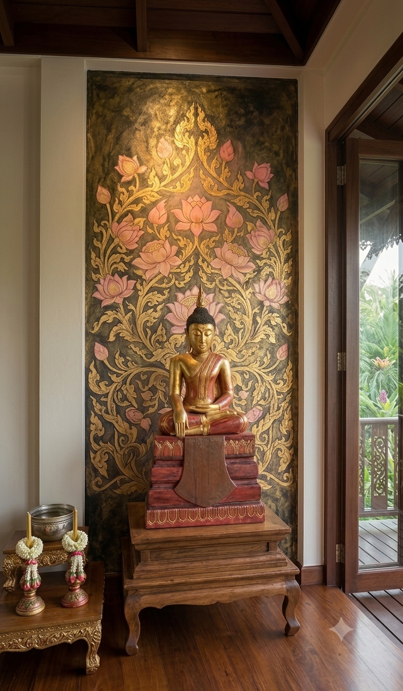 A seated golden Buddha statue in the Bhumisparsha mudra, placed on a tiered wooden pedestal against a decorative backdrop painted with pink lotus flowers and ornate Thai motifs. On a small wooden table to the left sit traditional flower garlands and a silver offering bowl.