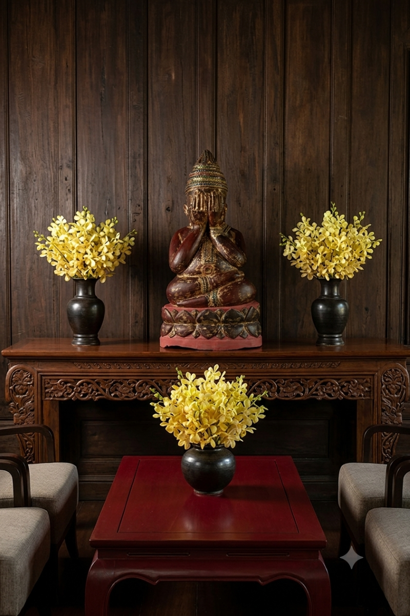 Wooden Pra Pid Ta statue flanked by yellow orchid vases on a wooden console