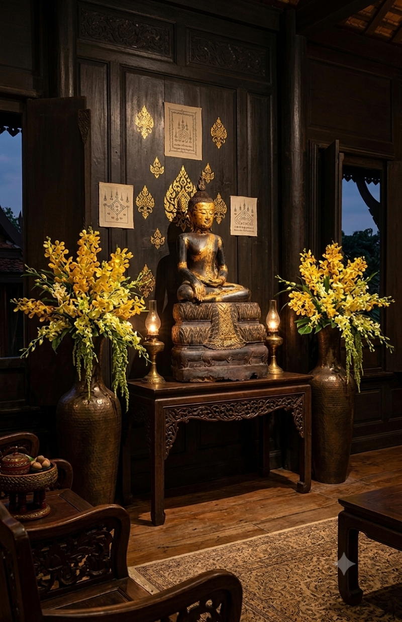 An antique wood seated Buddha statue in the meditative pose sits on a dark, carved wooden console table. The altar is centered against a dark wood wall decorated with small gold floral emblems and framed artwork. Flanking the altar are two large bronze floor vases filled with tall, vibrant yellow orchid sprays, lit warmly by small oil lamps on either side of the statue.