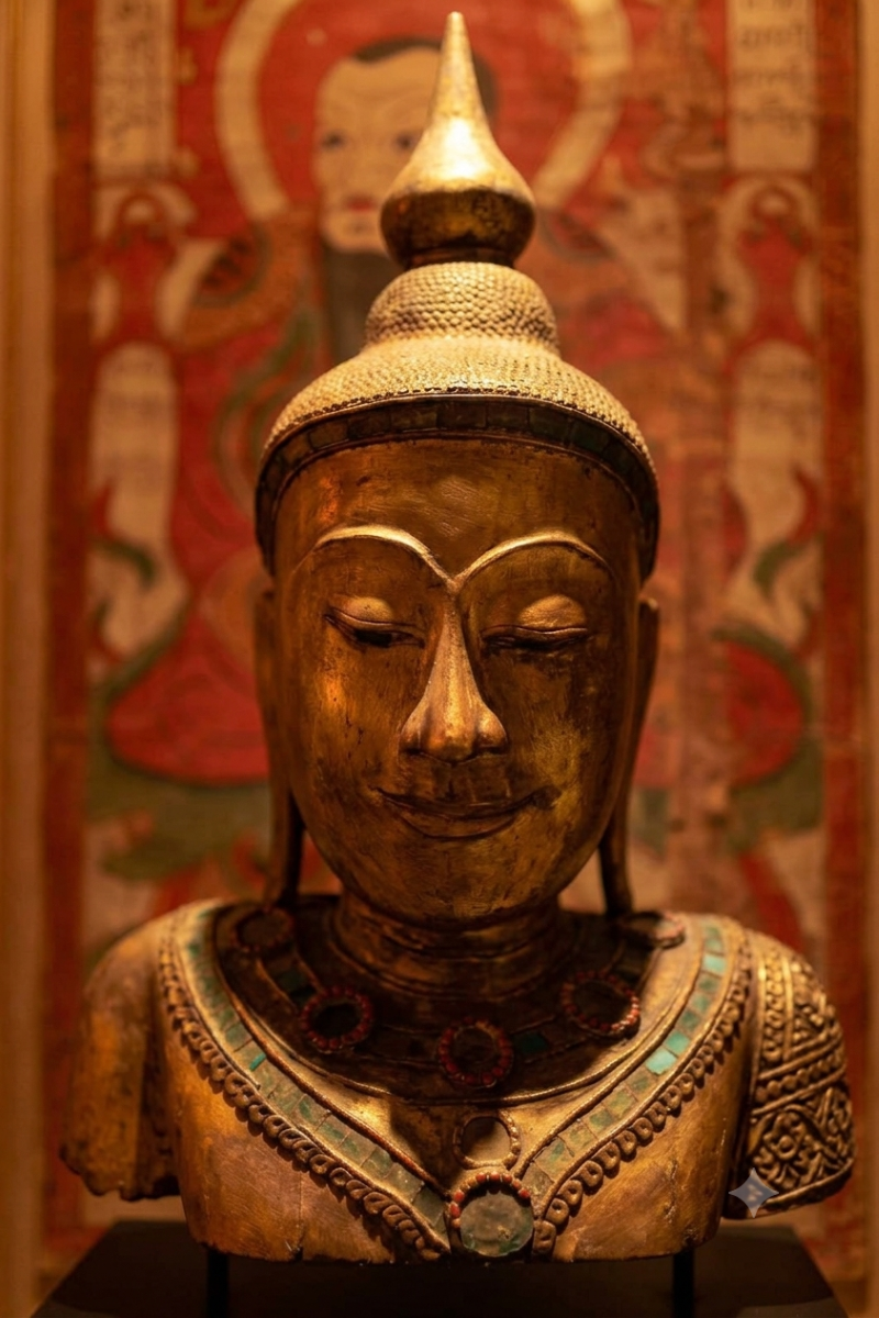 A cropped image showing the pointed, multi-tiered golden finial (ushnisha) of an antique Burmese Buddha statue, framed against a traditional red and gold painted Buddhist mural depicting sacred figures.Short/Accessibility-focused: Golden pointed top of a Burmese Buddha statue head in front of a red painted background