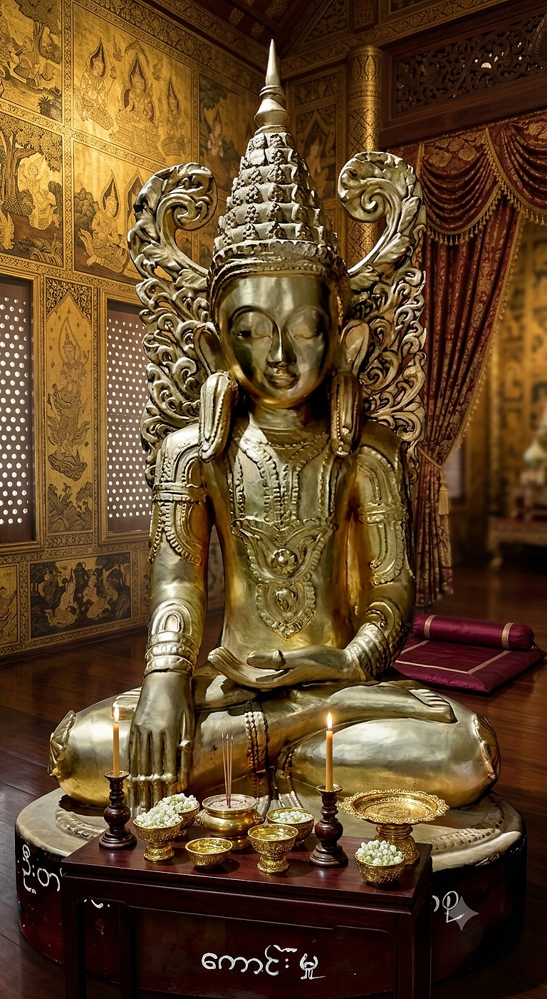A seated golden Burmese Buddha statue wearing an ornate crowned headdress and decorative armlets, positioned inside a wooden temple hall adorned with gold leaf murals.