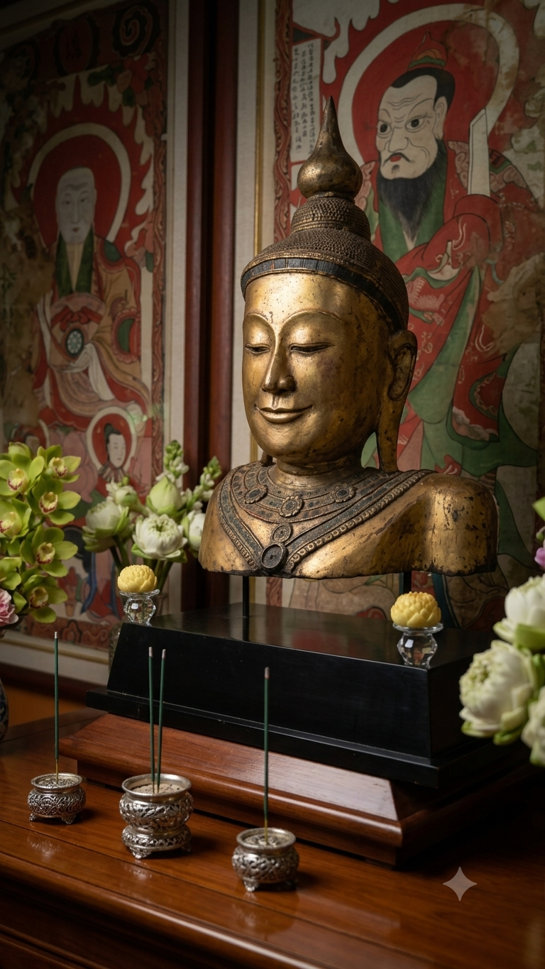 A golden Buddha statue bust positioned centrally on an altar, surrounded by arrangements of white lotus flowers, silver incense burner bowls with lit incense sticks, and ceremonial offerings. In the background, vintage Buddhist murals feature vibrant depictions of deities and figures.