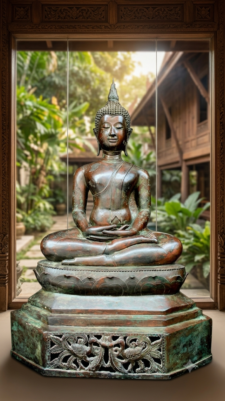 A bronze Buddha statue seated in the lotus position on an ornate, carved pedestal. The statue is enclosed within a modern glass display case set against a neutral, minimal gallery background.