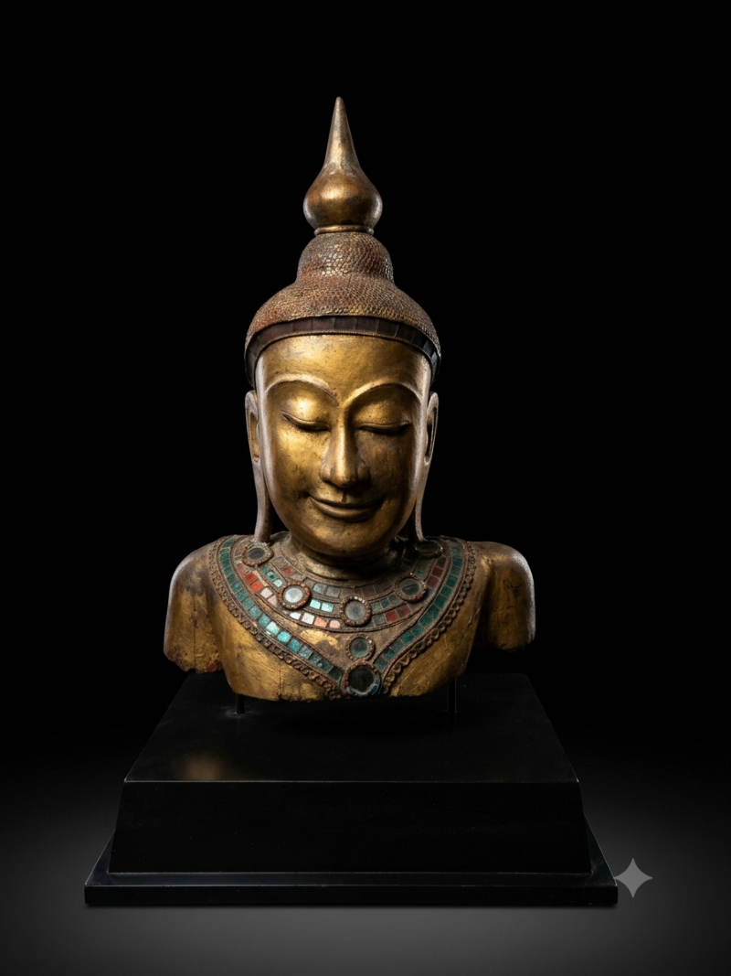 A 19th-century Shan Burmese Buddha bust featuring a calm expression with closed eyes, a distinct pointed finial (ushnisha), and ornate green and red glass inlays along the collar and neckline, set against a black studio background on a dark wooden base.