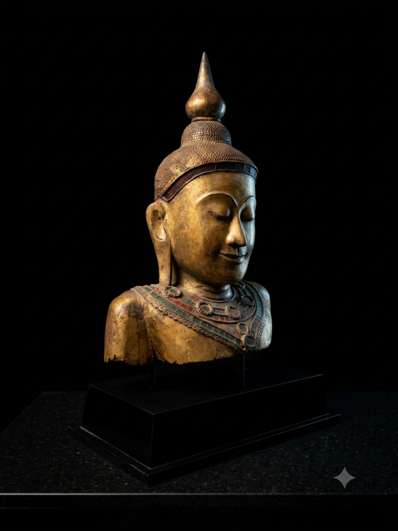 A gilded Shan-style Burmese Buddha bust with glass inlays mounted on a black display stand against a dark background.
