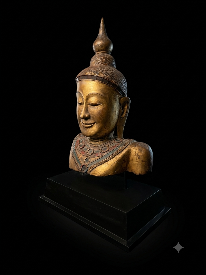 Antique golden Burmese Buddha bust with glass-inlaid collar mounted on a black pedestal