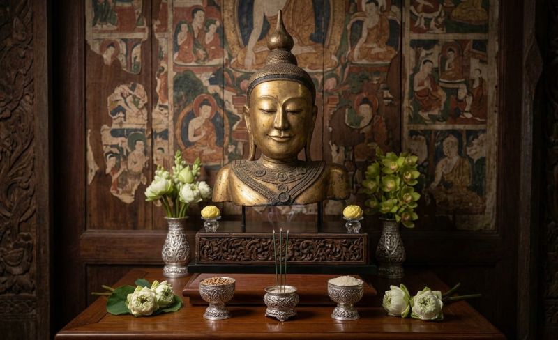 A serene golden Burmese-style Buddha bust displayed on a altar table with lotus flowers, burning incense, and traditional Buddhist wall paintings in the background.
