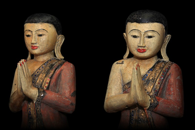 Pair of 19C Wood Burmese Buddhist Monks #BB165