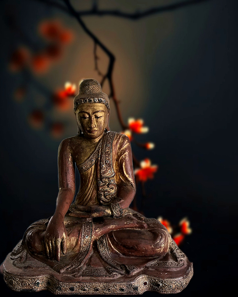Rare Early 19C Wood Lucky Burmaese Buddha #BB161