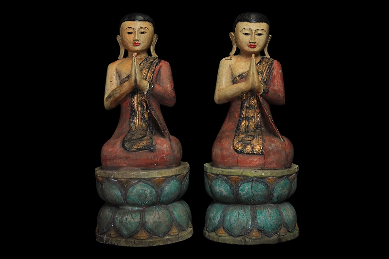 Pair of 19C Wood Burmese Buddhist Monks #BB165