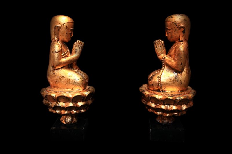 Extremely Rare 18C Pair Of Lacquer Burmese Monks #BB254