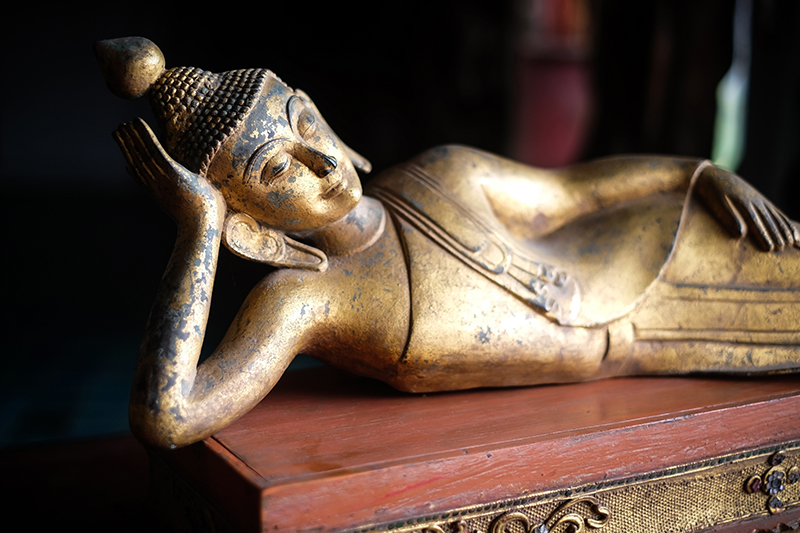 Extremely Rare 19C Reclining Wood Mandalay Buddha #DW081
