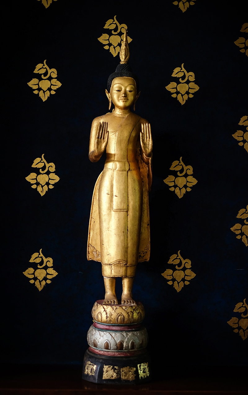 Extremely Rare 18C Wood Standing Laos Buddha #CH233