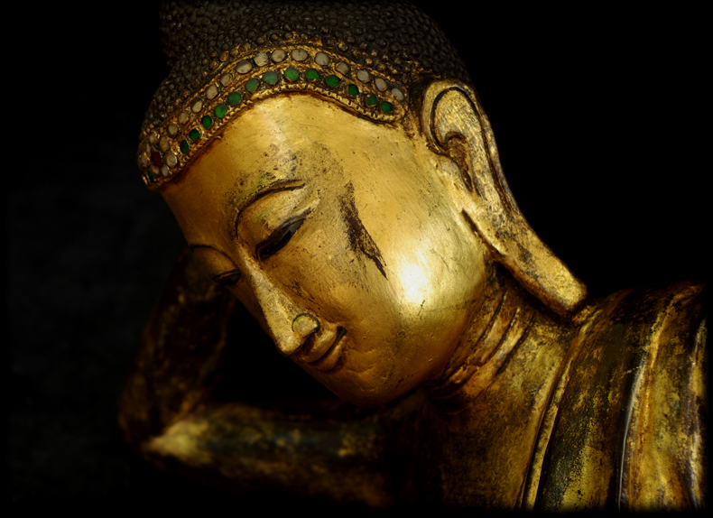 Extremely Rare 19C Reclining Wood Mandalay Buddha #B026-2