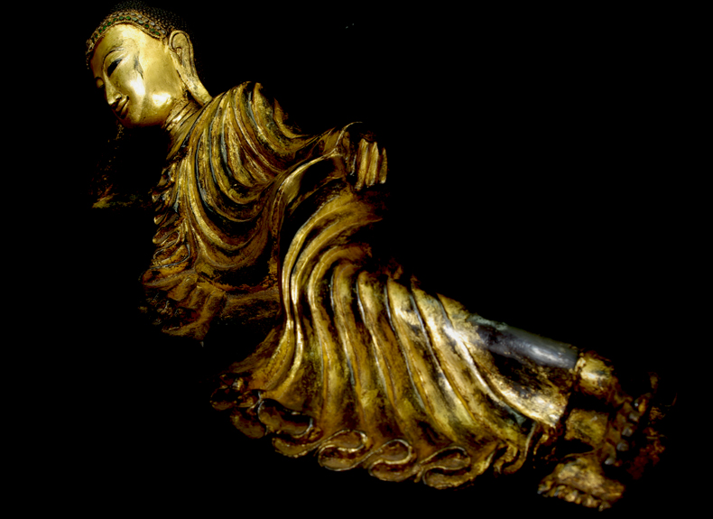 Extremely Rare 19C Reclining Wood Mandalay Buddha #B026-2