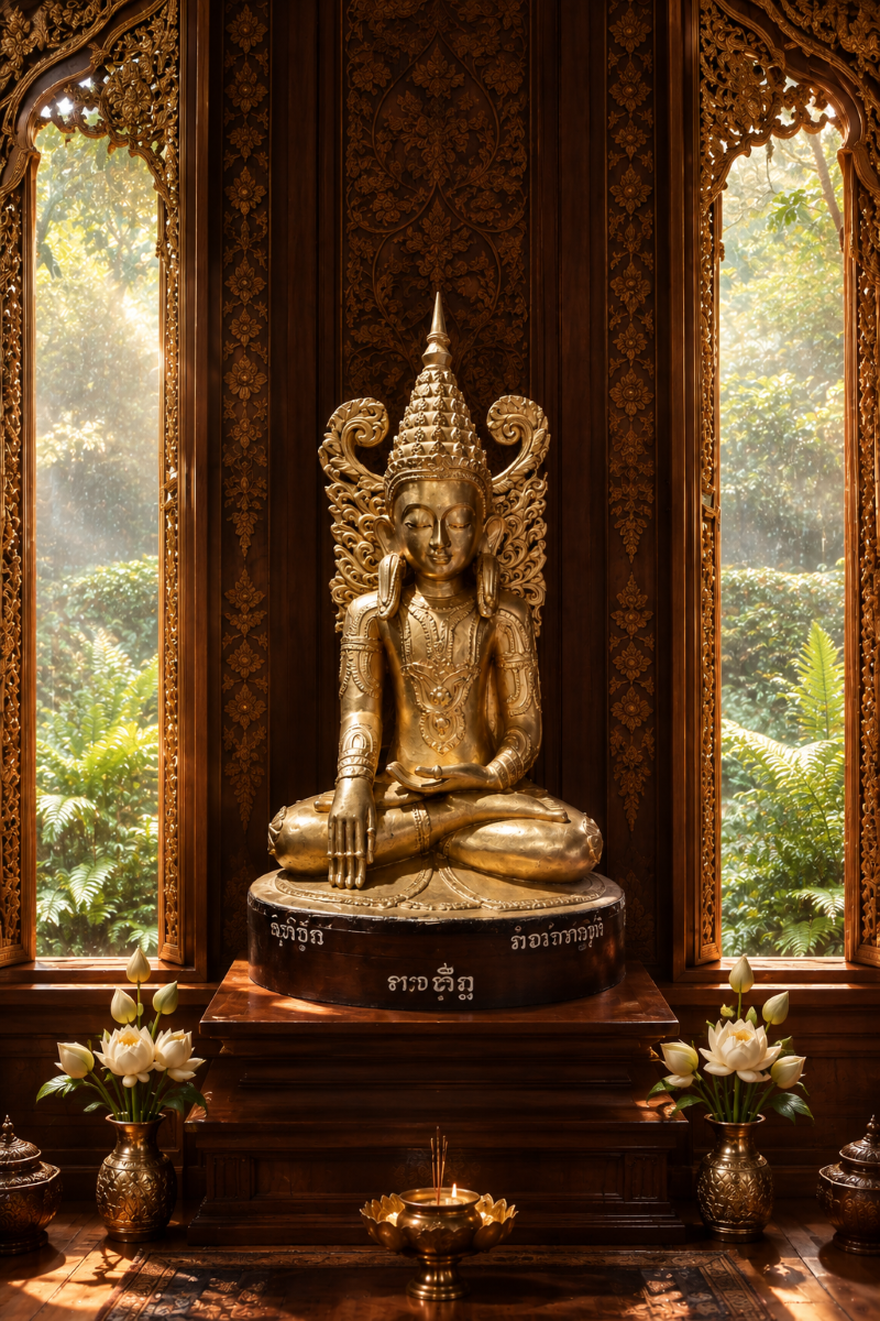 A golden, crowned Buddha statue seated in a cross-legged meditation pose on a wooden pedestal, set against ornate wooden window frames overlooking a lush green garden.