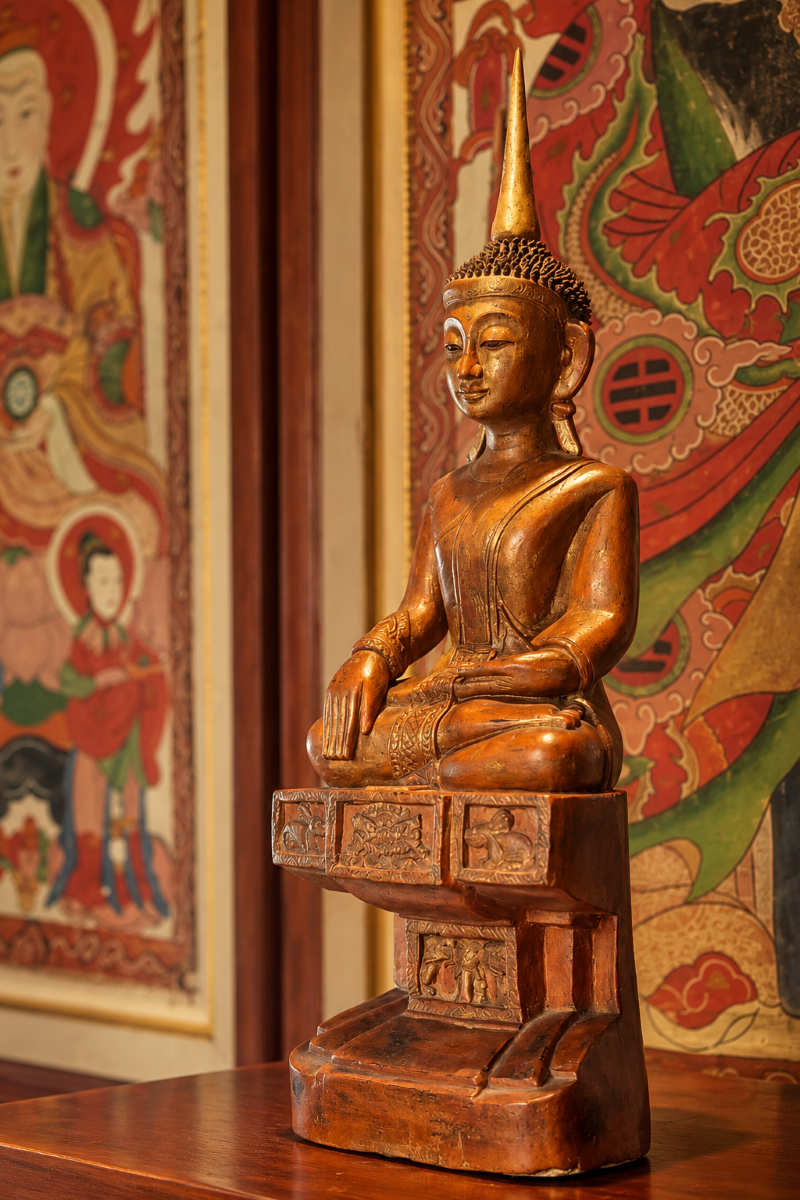 Wooden seated Buddha statue with a gold pointed ushnisha resting on an ornate pedestal