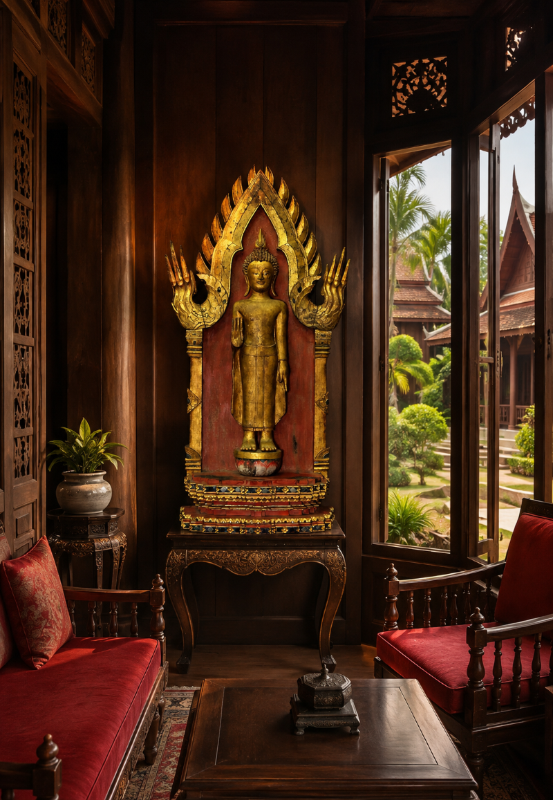 "Gilded standing Buddha statue inside an ornate carved wooden frame set in a traditional Thai teak room."